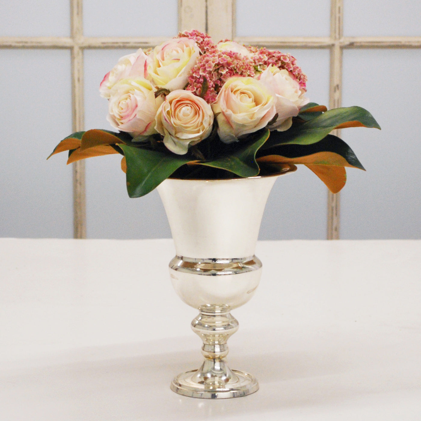 CREAM ROSE IN SILVER VASE (WHD019-PKMV) - Winward Home faux floral arrangements